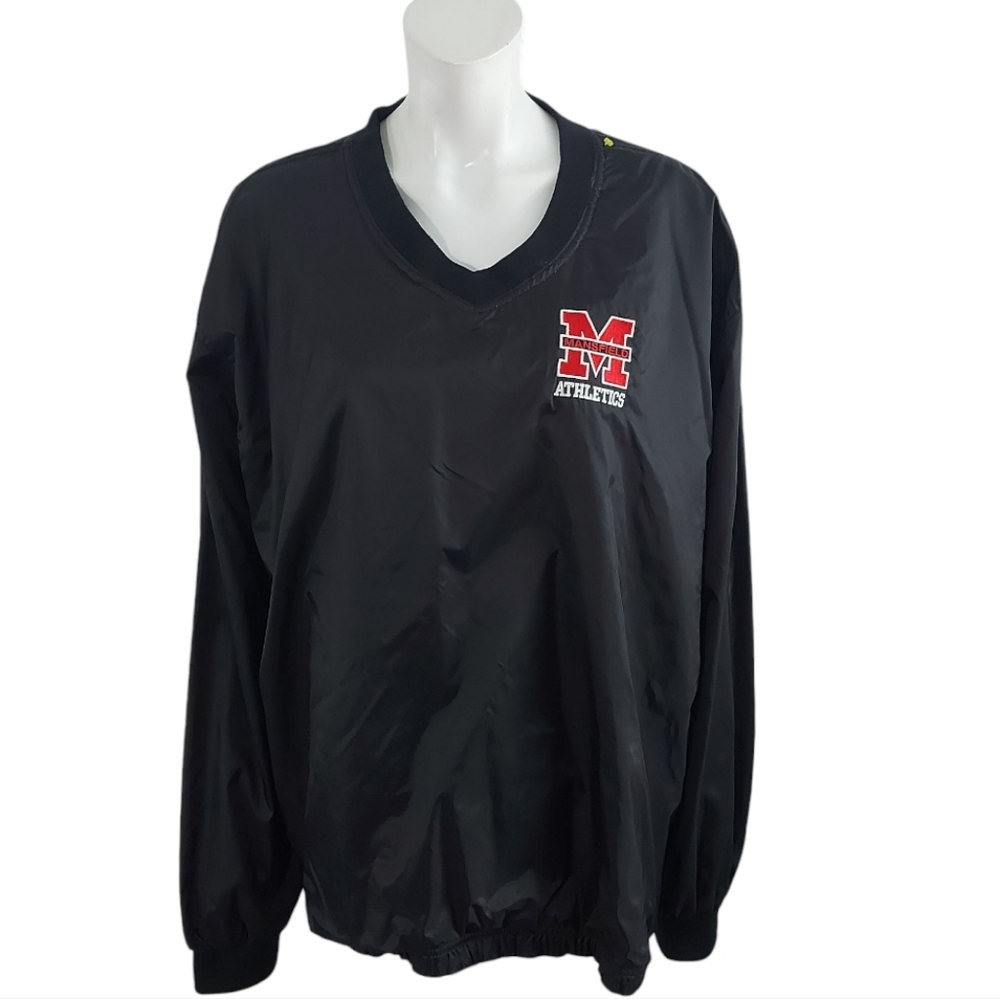 Harriton Black v-neck men's Pullover with Red Mansfield Logo,size L